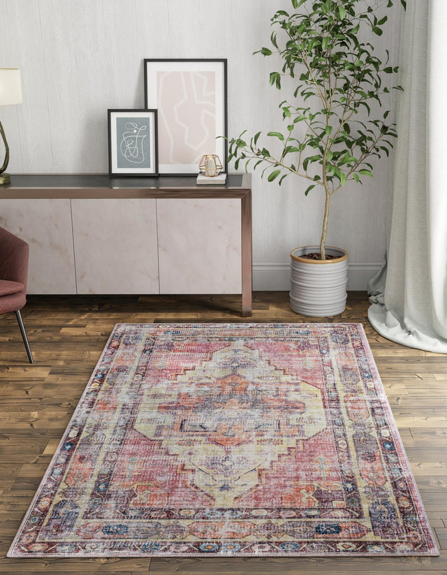 Washable Yellow Pink 6' 1 x 9' Maahru Rectangle Area Rug Easy to Clean Stain Resistant & Durable Polyester Chenille Carpet for Living, Dining, Bedrooms, Kitchen for Sale at Rug Engine