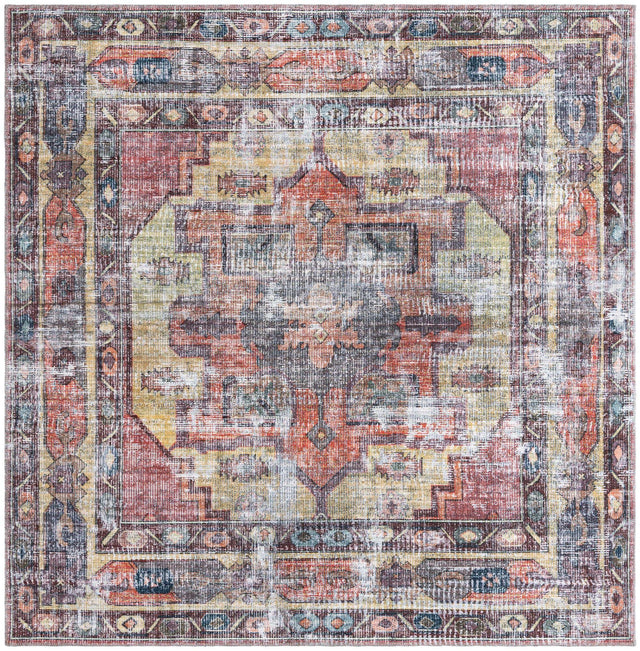 Washable Yellow Pink 7' 3 x 7' 3 Maahru Square Area Rug Easy to Clean Stain Resistant & Durable Polyester Chenille Carpet for Living, Dining, Bedrooms, Kitchen for Sale at Rug Engine