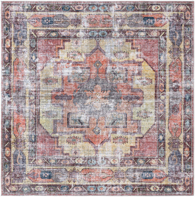 Washable Yellow Pink 7' 10 x 7' 10 Maahru Square Area Rug Easy to Clean Stain Resistant & Durable Polyester Chenille Carpet for Living, Dining, Bedrooms, Kitchen for Sale at Rug Engine