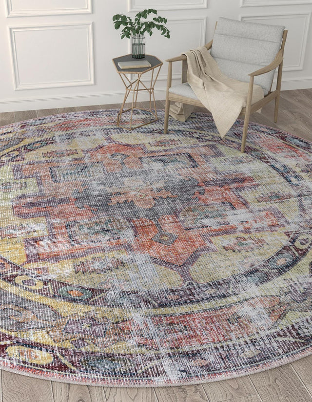 Washable Yellow Pink 10' 6 x 10' 6 Maahru Round Area Rug Easy to Clean Stain Resistant & Durable Polyester Chenille Carpet for Living, Dining, Bedrooms, Kitchen for Sale at Rug Engine
