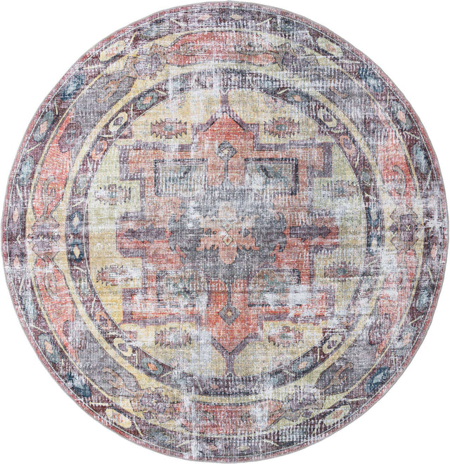Washable Yellow Pink 10' 6 x 10' 6 Maahru Round Area Rug Easy to Clean Stain Resistant & Durable Polyester Chenille Carpet for Living, Dining, Bedrooms, Kitchen for Sale at Rug Engine