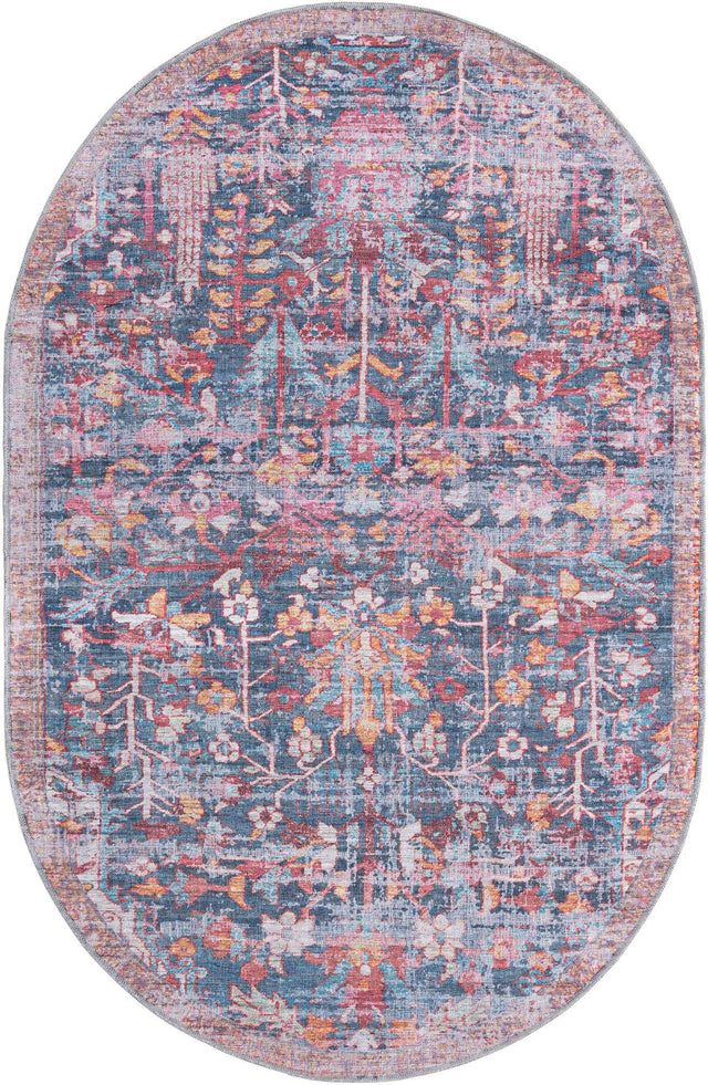 Washable Navy Blue 5' 3 x 8' Maahru Oval Area Rug Easy to Clean Stain Resistant & Durable Polyester Chenille Carpet for Living, Dining, Bedrooms, Kitchen for Sale at Rug Engine