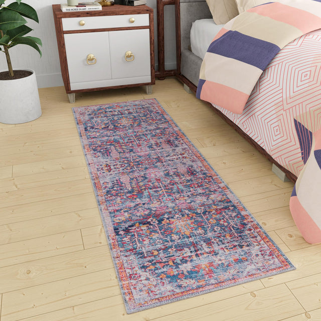 Washable Navy Blue 2' x 10' Maahru Runner Area Rug Easy to Clean Stain Resistant & Durable Polyester Chenille Carpet for Living, Dining, Bedrooms, Kitchen for Sale at Rug Engine