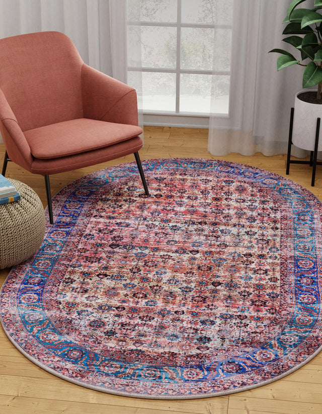 Washable Antique Pink 5' 3 x 8' Maahru Oval Area Rug Easy to Clean Stain Resistant & Durable Polyester Chenille Carpet for Living, Dining, Bedrooms, Kitchen for Sale at Rug Engine