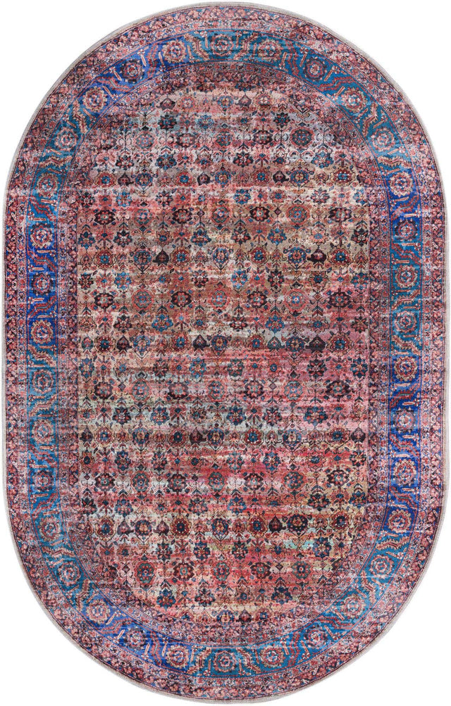 Washable Antique Pink 5' 3 x 8' Maahru Oval Area Rug Easy to Clean Stain Resistant & Durable Polyester Chenille Carpet for Living, Dining, Bedrooms, Kitchen for Sale at Rug Engine