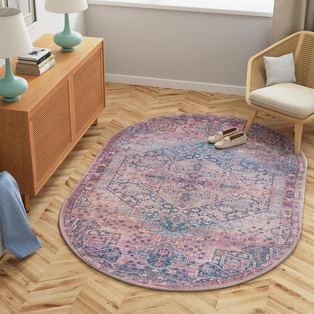 Washable Antique Rust Red 5' 3 x 8' Maahru Oval Area Rug Easy to Clean Stain Resistant & Durable Polyester Chenille Carpet for Living, Dining, Bedrooms, Kitchen for Sale at Rug Engine