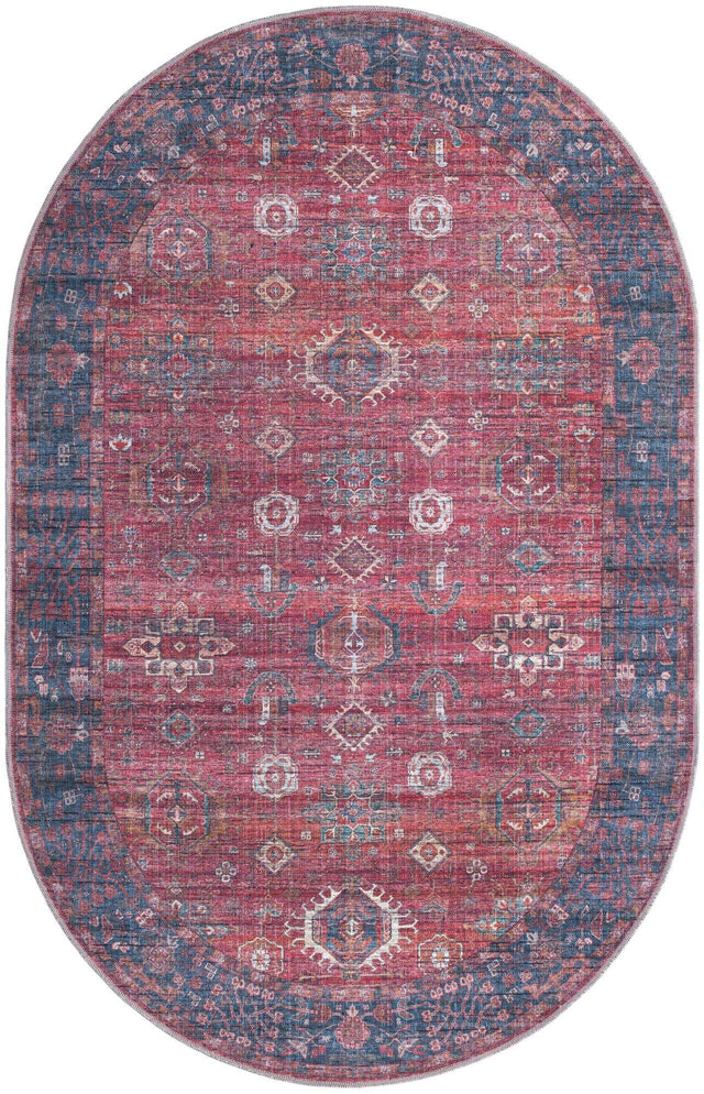 Washable Antique Red 5' 3 x 8' Maahru Oval Area Rug Easy to Clean Stain Resistant & Durable Polyester Chenille Carpet for Living, Dining, Bedrooms, Kitchen for Sale at Rug Engine
