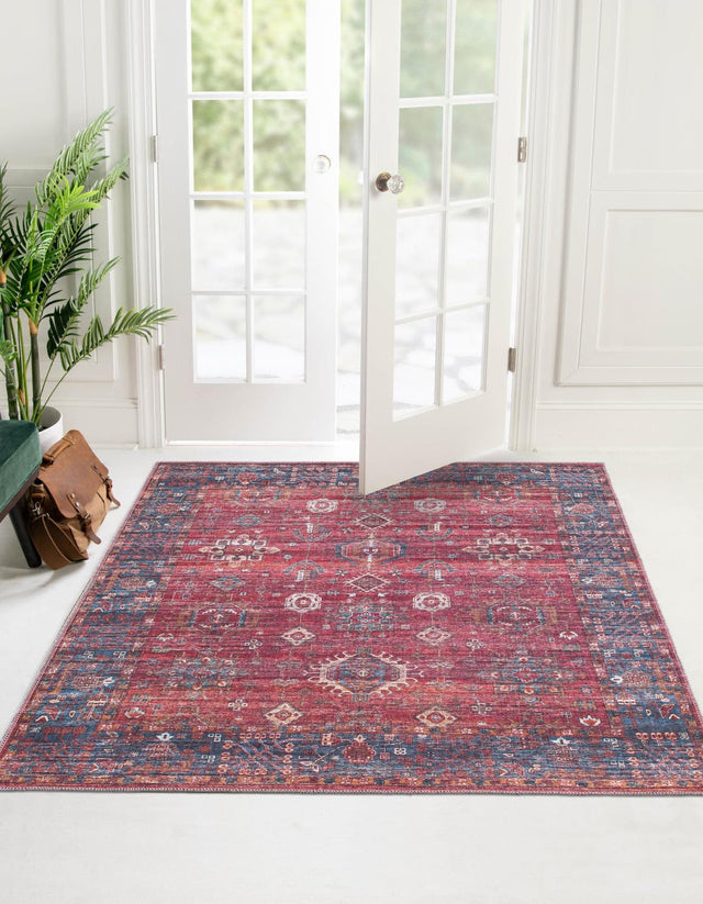 Washable Antique Red 7' 3 x 7' 3 Maahru Square Area Rug Easy to Clean Stain Resistant & Durable Polyester Chenille Carpet for Living, Dining, Bedrooms, Kitchen for Sale at Rug Engine