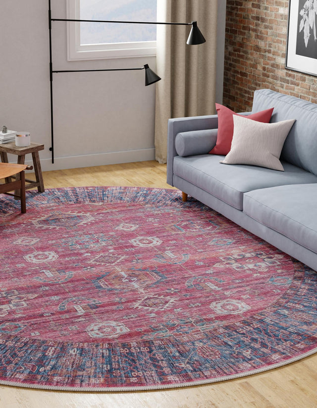 Washable Antique Red 10' 6 x 10' 6 Maahru Round Area Rug Easy to Clean Stain Resistant & Durable Polyester Chenille Carpet for Living, Dining, Bedrooms, Kitchen for Sale at Rug Engine