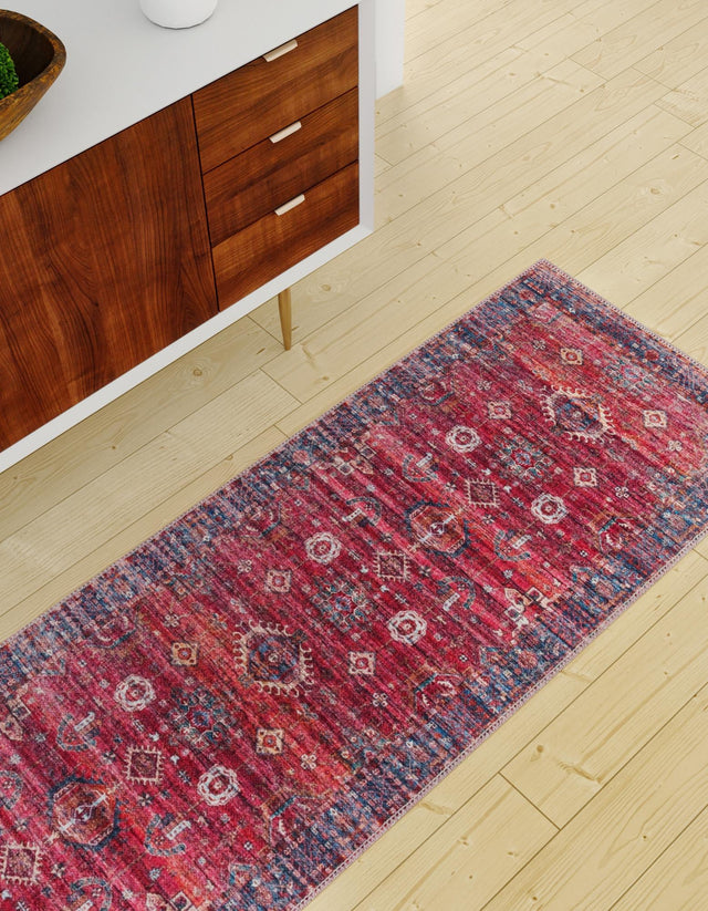 Washable Antique Red 2' x 6' 1 Maahru Runner Area Rug Easy to Clean Stain Resistant & Durable Polyester Chenille Carpet for Living, Dining, Bedrooms, Kitchen for Sale at Rug Engine