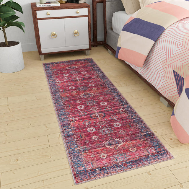 Washable Antique Red 2' x 6' 1 Maahru Runner Area Rug Easy to Clean Stain Resistant & Durable Polyester Chenille Carpet for Living, Dining, Bedrooms, Kitchen for Sale at Rug Engine