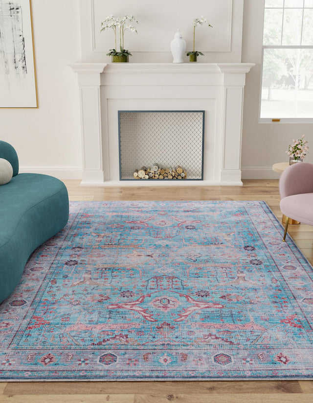 Washable Blue 7' 10 x 10' Maahru Rectangle Area Rug Easy to Clean Stain Resistant & Durable Polyester Chenille Carpet for Living, Dining, Bedrooms, Kitchen for Sale at Rug Engine