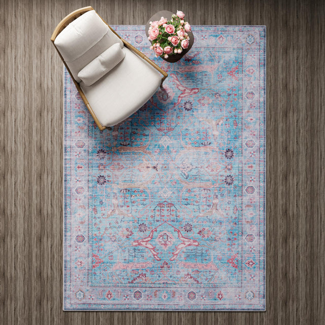 Washable Blue 9' 2 x 12' Maahru Rectangle Area Rug Easy to Clean Stain Resistant & Durable Polyester Chenille Carpet for Living, Dining, Bedrooms, Kitchen for Sale at Rug Engine