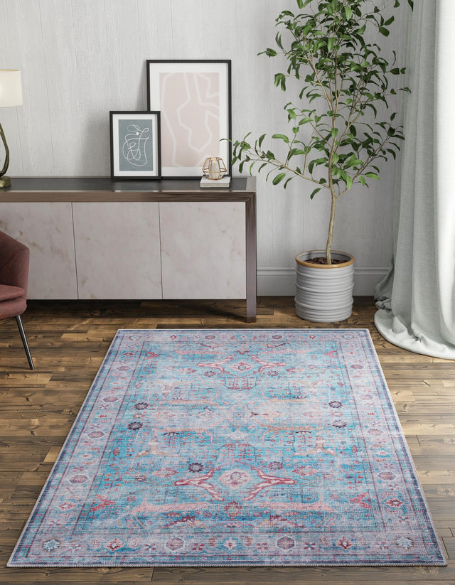 Washable Blue 9' 2 x 12' Maahru Rectangle Area Rug Easy to Clean Stain Resistant & Durable Polyester Chenille Carpet for Living, Dining, Bedrooms, Kitchen for Sale at Rug Engine