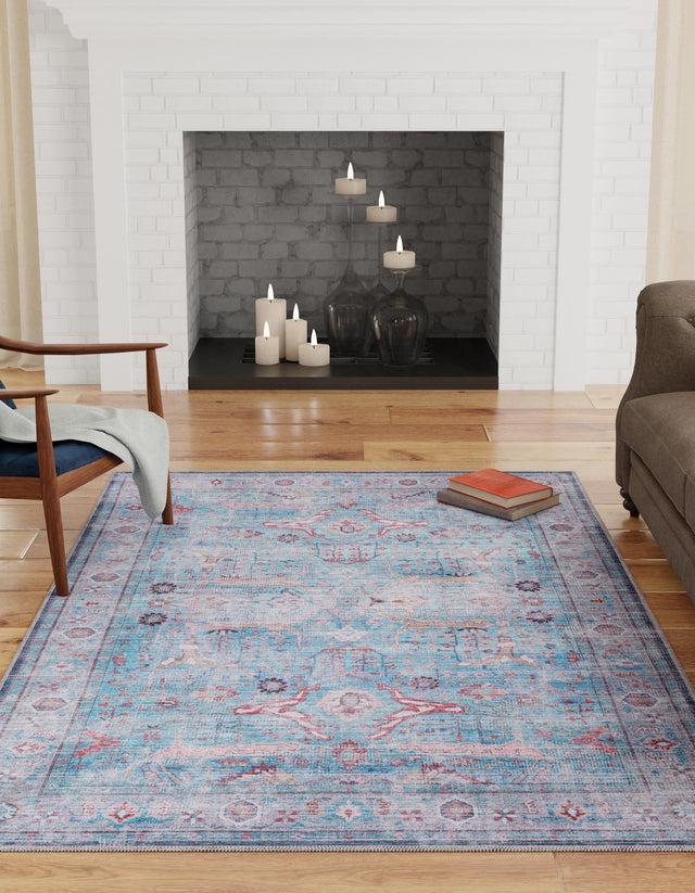 Washable Blue 7' 10 x 10' Maahru Rectangle Area Rug Easy to Clean Stain Resistant & Durable Polyester Chenille Carpet for Living, Dining, Bedrooms, Kitchen for Sale at Rug Engine