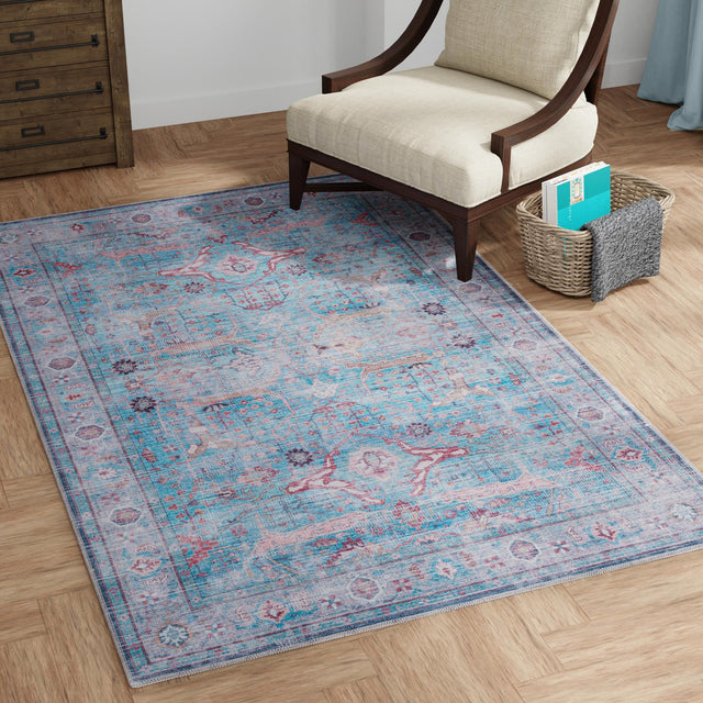 Washable Blue 7' 10 x 10' Maahru Rectangle Area Rug Easy to Clean Stain Resistant & Durable Polyester Chenille Carpet for Living, Dining, Bedrooms, Kitchen for Sale at Rug Engine