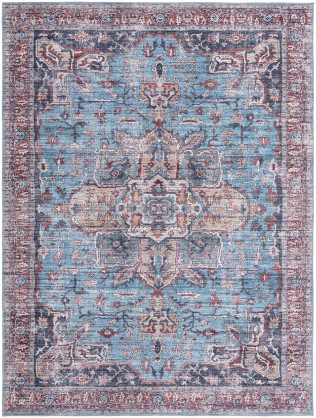 Washable Blue 9' 2 x 12' Maahru Rectangle Area Rug Easy to Clean Stain Resistant & Durable Polyester Chenille Carpet for Living, Dining, Bedrooms, Kitchen for Sale at Rug Engine