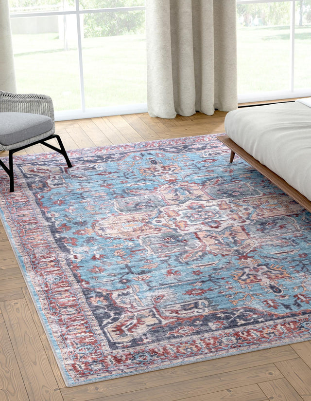 Washable Blue 4' 1 x 6' 1 Maahru Rectangle Area Rug Easy to Clean Stain Resistant & Durable Polyester Chenille Carpet for Living, Dining, Bedrooms, Kitchen for Sale at Rug Engine