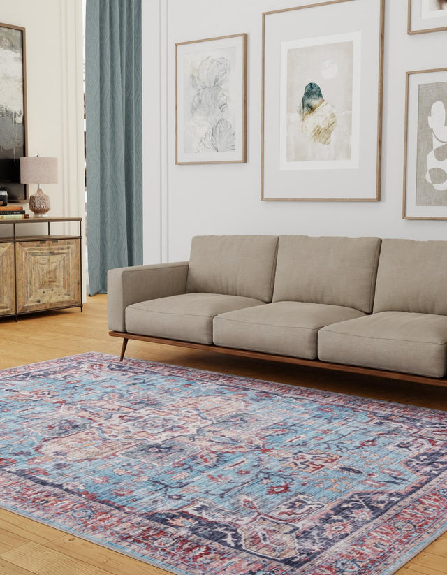 Washable Blue 7' 10 x 10' Maahru Rectangle Area Rug Easy to Clean Stain Resistant & Durable Polyester Chenille Carpet for Living, Dining, Bedrooms, Kitchen for Sale at Rug Engine