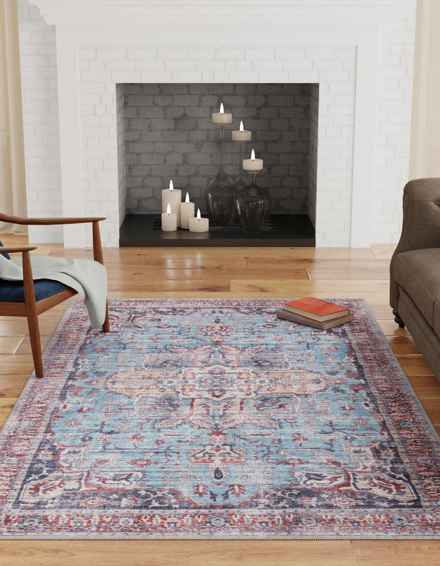 Washable Blue 9' 2 x 12' Maahru Rectangle Area Rug Easy to Clean Stain Resistant & Durable Polyester Chenille Carpet for Living, Dining, Bedrooms, Kitchen for Sale at Rug Engine