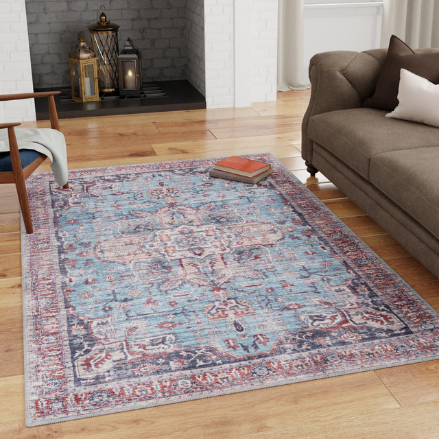 Washable Blue 10' 6 x 13' 1 Maahru Rectangle Area Rug Easy to Clean Stain Resistant & Durable Polyester Chenille Carpet for Living, Dining, Bedrooms, Kitchen for Sale at Rug Engine
