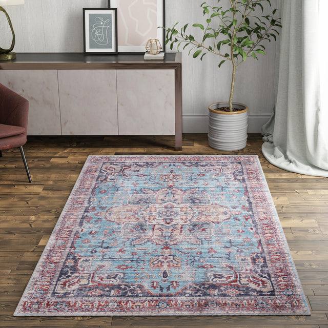 Washable Blue 10' 6 x 13' 1 Maahru Rectangle Area Rug Easy to Clean Stain Resistant & Durable Polyester Chenille Carpet for Living, Dining, Bedrooms, Kitchen for Sale at Rug Engine