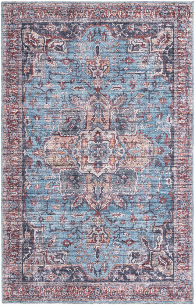 Washable Blue 5' 3 x 8' Maahru Rectangle Area Rug Easy to Clean Stain Resistant & Durable Polyester Chenille Carpet for Living, Dining, Bedrooms, Kitchen for Sale at Rug Engine