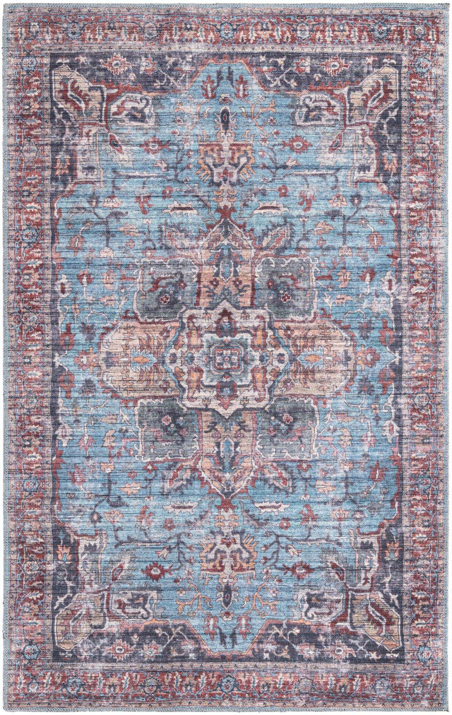 Washable Blue 4' 1 x 6' 1 Maahru Rectangle Area Rug Easy to Clean Stain Resistant & Durable Polyester Chenille Carpet for Living, Dining, Bedrooms, Kitchen for Sale at Rug Engine