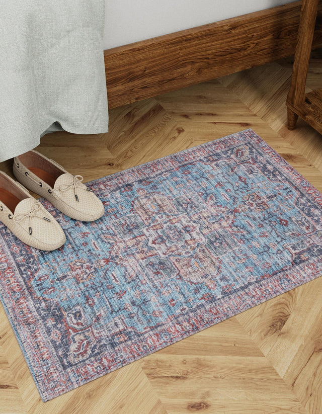 Washable Blue 5' 3 x 8' Maahru Rectangle Area Rug Easy to Clean Stain Resistant & Durable Polyester Chenille Carpet for Living, Dining, Bedrooms, Kitchen for Sale at Rug Engine