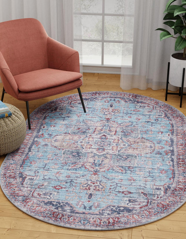 Washable Blue 5' 3 x 8' Maahru Oval Area Rug Easy to Clean Stain Resistant & Durable Polyester Chenille Carpet for Living, Dining, Bedrooms, Kitchen for Sale at Rug Engine