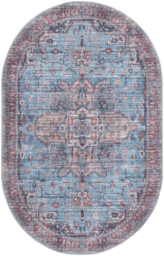 Washable Blue 5' 3 x 8' Maahru Oval Area Rug Easy to Clean Stain Resistant & Durable Polyester Chenille Carpet for Living, Dining, Bedrooms, Kitchen for Sale at Rug Engine