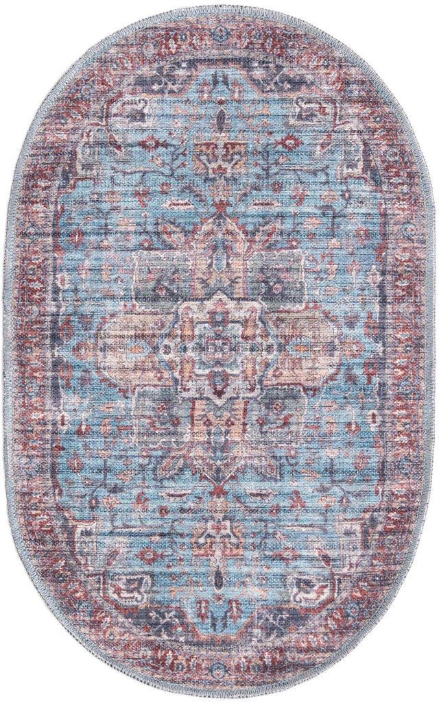 Washable Blue 2' x 3' 1 Maahru Oval Area Rug Easy to Clean Stain Resistant & Durable Polyester Chenille Carpet for Living, Dining, Bedrooms, Kitchen for Sale at Rug Engine
