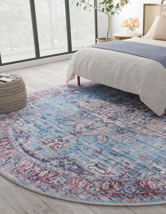 Washable Blue 10' 6 x 10' 6 Maahru Round Area Rug Easy to Clean Stain Resistant & Durable Polyester Chenille Carpet for Living, Dining, Bedrooms, Kitchen for Sale at Rug Engine
