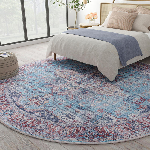 Washable Blue 10' 6 x 10' 6 Maahru Round Area Rug Easy to Clean Stain Resistant & Durable Polyester Chenille Carpet for Living, Dining, Bedrooms, Kitchen for Sale at Rug Engine