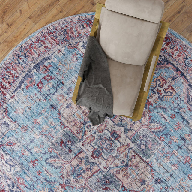 Washable Blue 10' 6 x 10' 6 Maahru Round Area Rug Easy to Clean Stain Resistant & Durable Polyester Chenille Carpet for Living, Dining, Bedrooms, Kitchen for Sale at Rug Engine