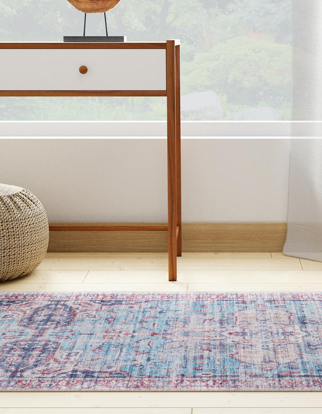 Washable Blue 2' x 10' Maahru Runner Area Rug Easy to Clean Stain Resistant & Durable Polyester Chenille Carpet for Living, Dining, Bedrooms, Kitchen for Sale at Rug Engine