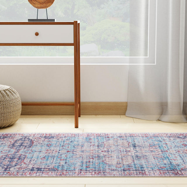 Washable Blue 2' x 10' Maahru Runner Area Rug Easy to Clean Stain Resistant & Durable Polyester Chenille Carpet for Living, Dining, Bedrooms, Kitchen for Sale at Rug Engine