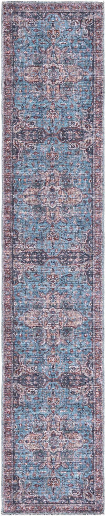 Washable Blue 2' x 10' Maahru Runner Area Rug Easy to Clean Stain Resistant & Durable Polyester Chenille Carpet for Living, Dining, Bedrooms, Kitchen for Sale at Rug Engine