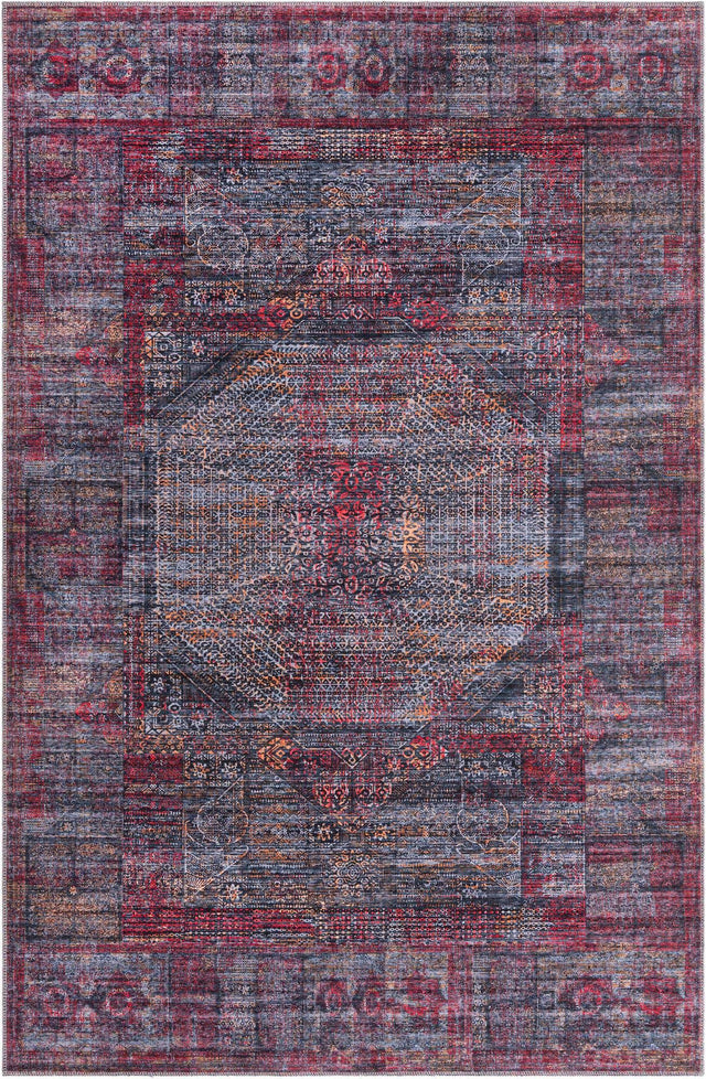 Washable Red and Black 5' 11 x 9' Mangata Rectangle Area Rug Easy to Clean Stain Resistant & Durable Chenille Traditional Vintage Distressed Carpet for Sale at Rug Engine