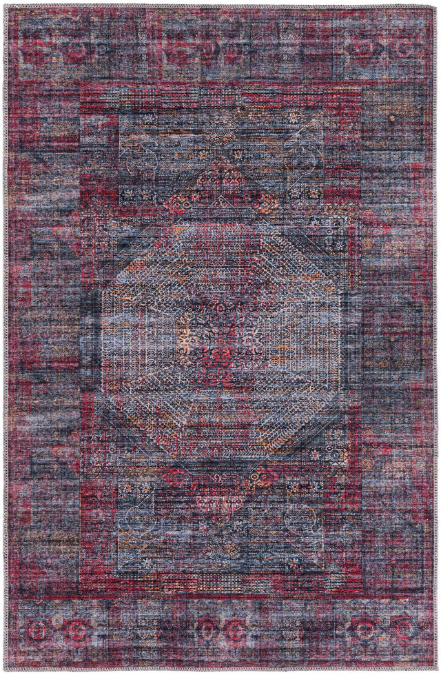 Washable Red and Black 3' 11 x 6' Mangata Rectangle Area Rug Easy to Clean Stain Resistant & Durable Chenille Traditional Vintage Distressed Carpet for Sale at Rug Engine