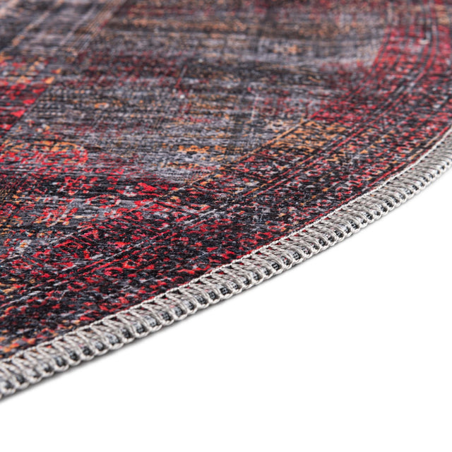 Washable Red and Black 7' 3 x 7' 3 Mangata Round Area Rug Easy to Clean Stain Resistant & Durable Chenille Traditional Vintage Distressed Carpet for Sale at Rug Engine