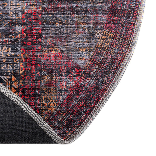 Washable Red and Black 7' 3 x 7' 3 Mangata Round Area Rug Easy to Clean Stain Resistant & Durable Chenille Traditional Vintage Distressed Carpet for Sale at Rug Engine