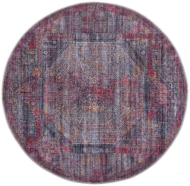 Washable Red and Black 5' 3 x 5' 3 Mangata Round Area Rug Easy to Clean Stain Resistant & Durable Chenille Traditional Vintage Distressed Carpet for Sale at Rug Engine