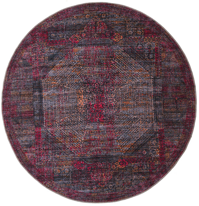 Washable Red and Black 7' 3 x 7' 3 Mangata Round Area Rug Easy to Clean Stain Resistant & Durable Chenille Traditional Vintage Distressed Carpet for Sale at Rug Engine