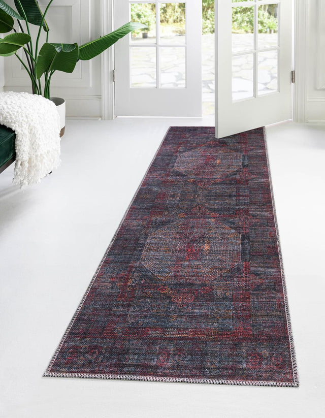 Washable Red and Black 2' x 6' Mangata Runner Area Rug Easy to Clean Stain Resistant & Durable Chenille Traditional Vintage Distressed Carpet for Sale at Rug Engine