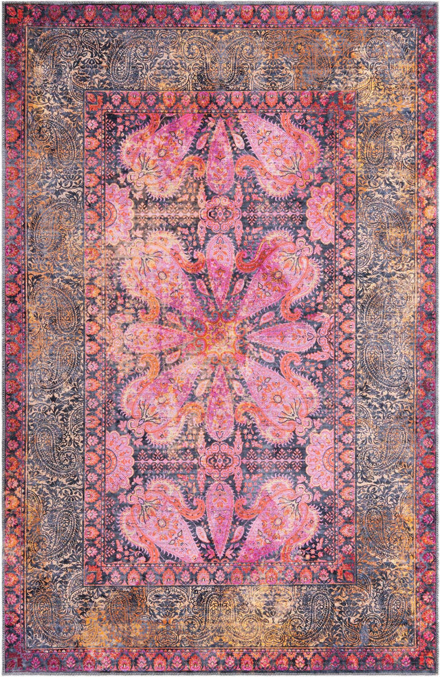 Washable Pink 6' 1 x 9' Mangata Rectangle Area Rug Easy to Clean Stain Resistant & Durable Chenille Traditional Vintage Distressed Carpet for Sale at Rug Engine