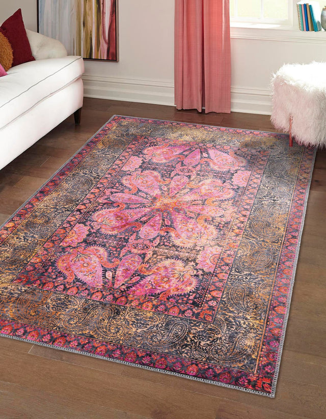 Washable Pink 9' 2 x 12' Mangata Rectangle Area Rug Easy to Clean Stain Resistant & Durable Chenille Traditional Vintage Distressed Carpet for Sale at Rug Engine