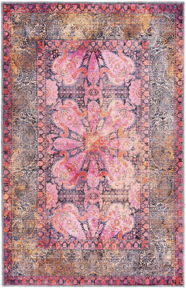 Washable Pink 4' 1 x 6' 1 Mangata Rectangle Area Rug Easy to Clean Stain Resistant & Durable Chenille Traditional Vintage Distressed Carpet for Sale at Rug Engine
