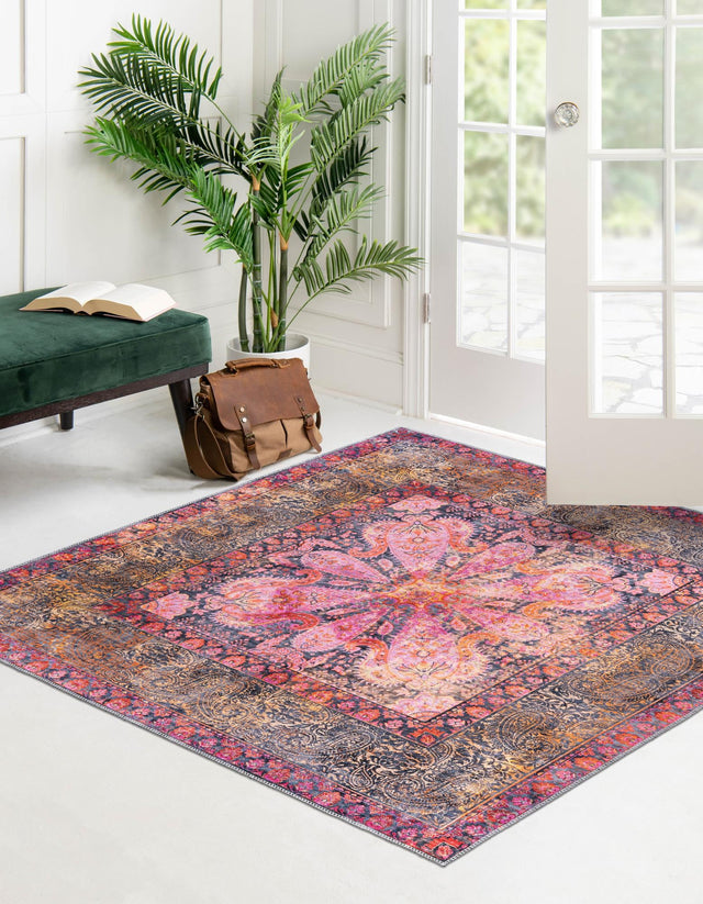 Washable Pink 7' 10 x 7' 10 Mangata Square Area Rug Easy to Clean Stain Resistant & Durable Chenille Traditional Vintage Distressed Carpet for Sale at Rug Engine