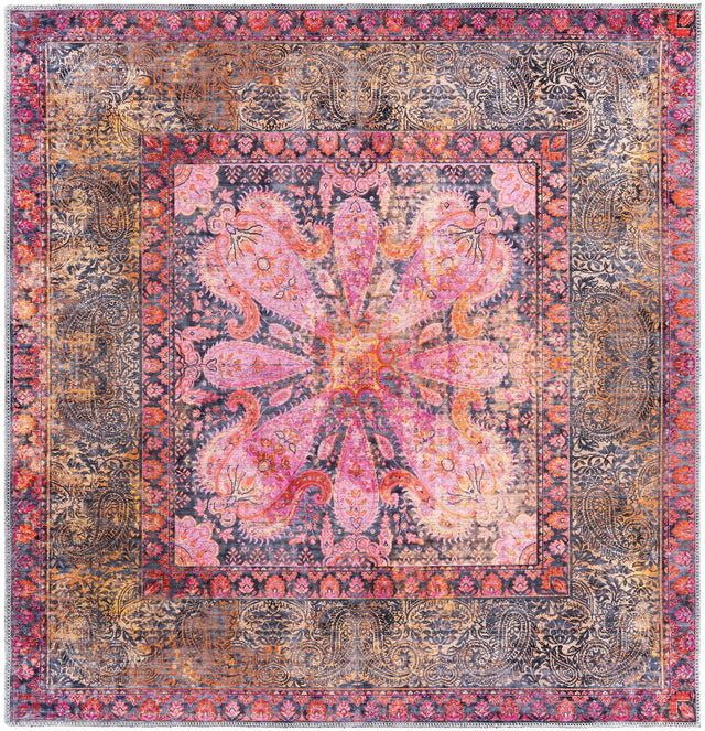 Washable Pink 5' 3 x 5' 3 Mangata Square Area Rug Easy to Clean Stain Resistant & Durable Chenille Traditional Vintage Distressed Carpet for Sale at Rug Engine